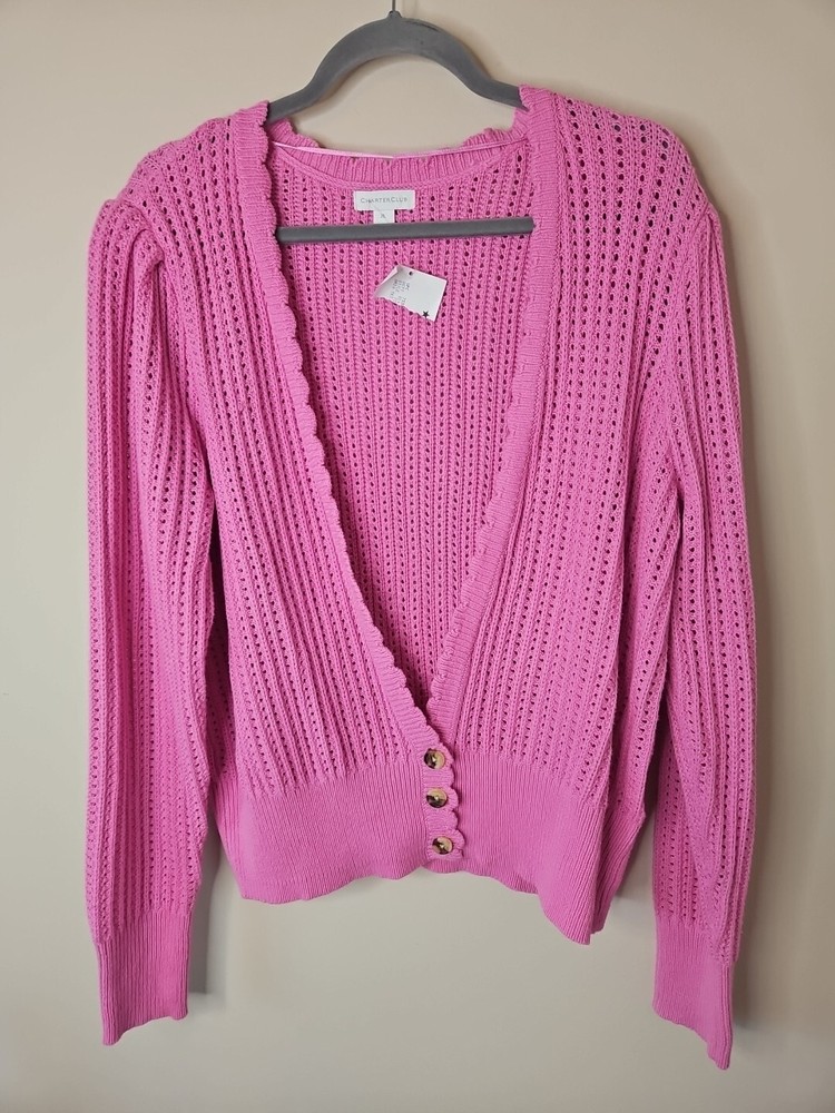 Charter Club Sweater XL Pink Cardigan Loose Knit Chic Couture Puff Sleeve Luxe