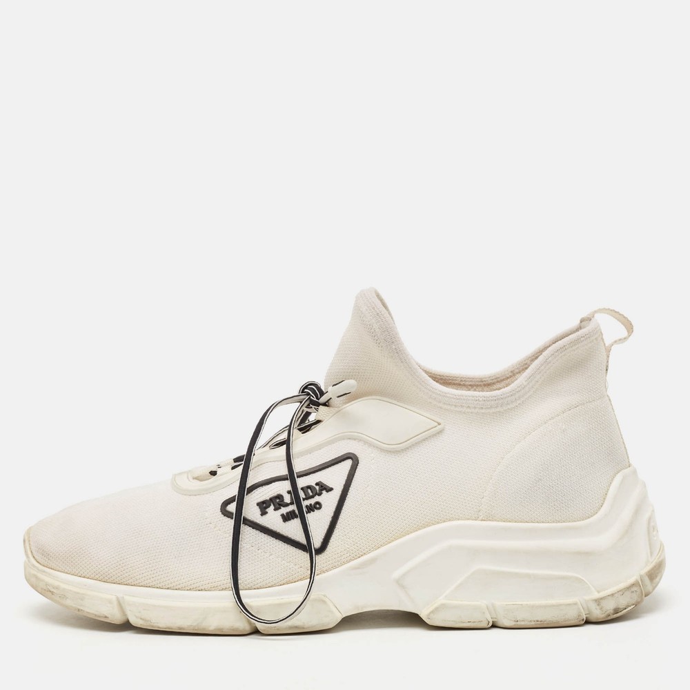 Prada White Knit Logo Low Top Sneakers Size 36.5