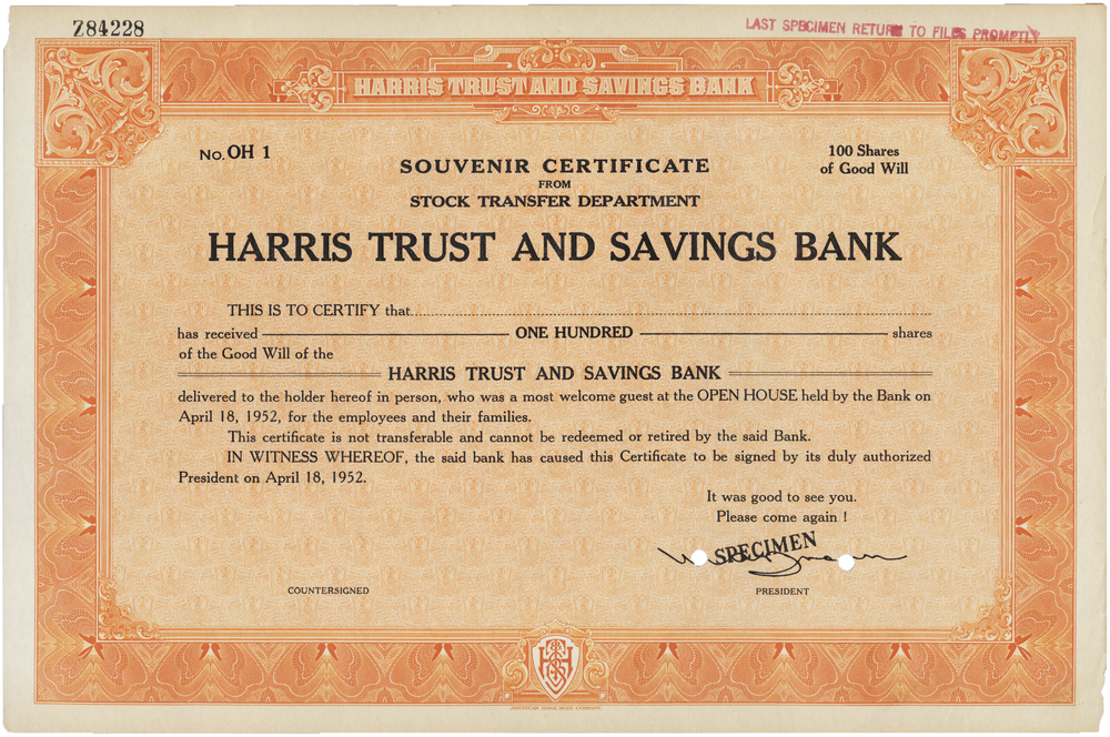 Harris Trust and Savings Bank. Stock Certificate