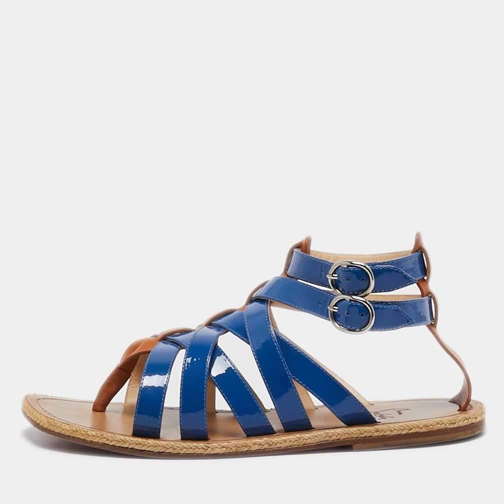 Christian Louboutin BlueBrown Patent Leather Caged Espadrille Flat Sandals Size