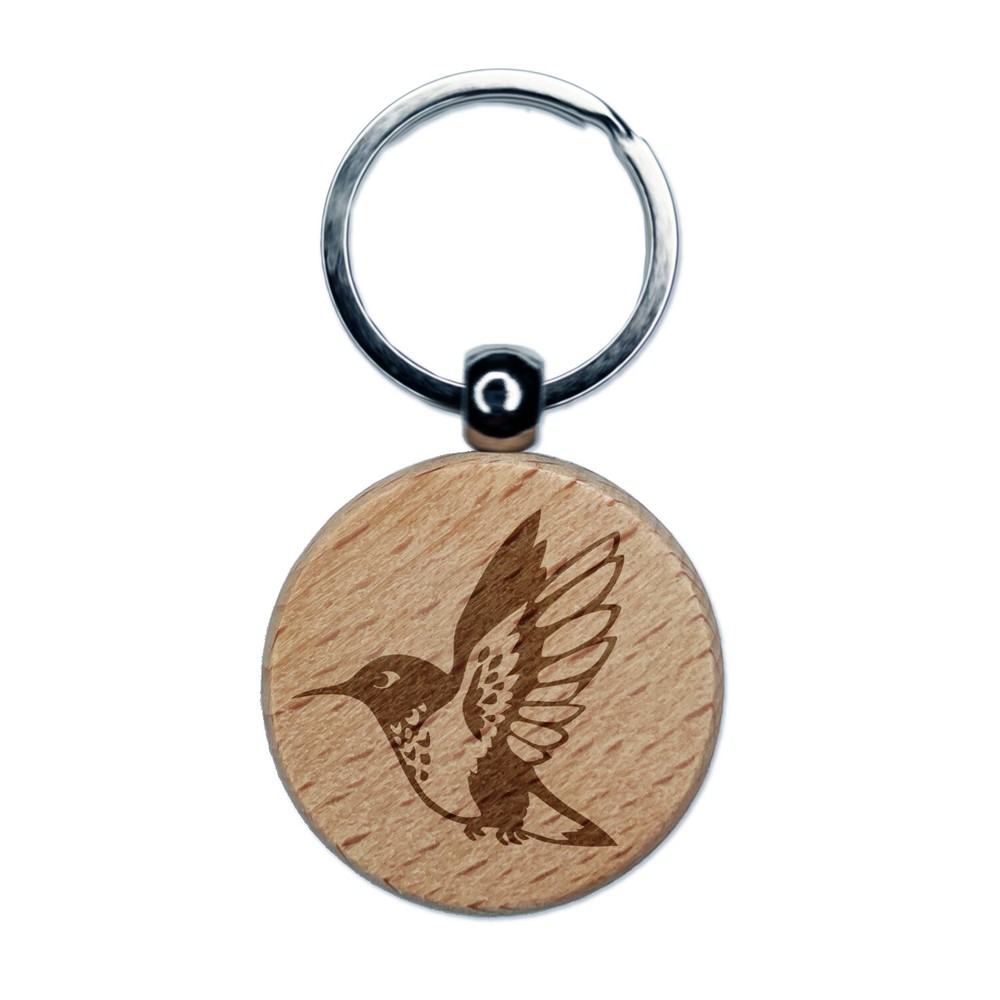 Hummingbird in Flight Engraved Wood Round Keychain Tag Charm