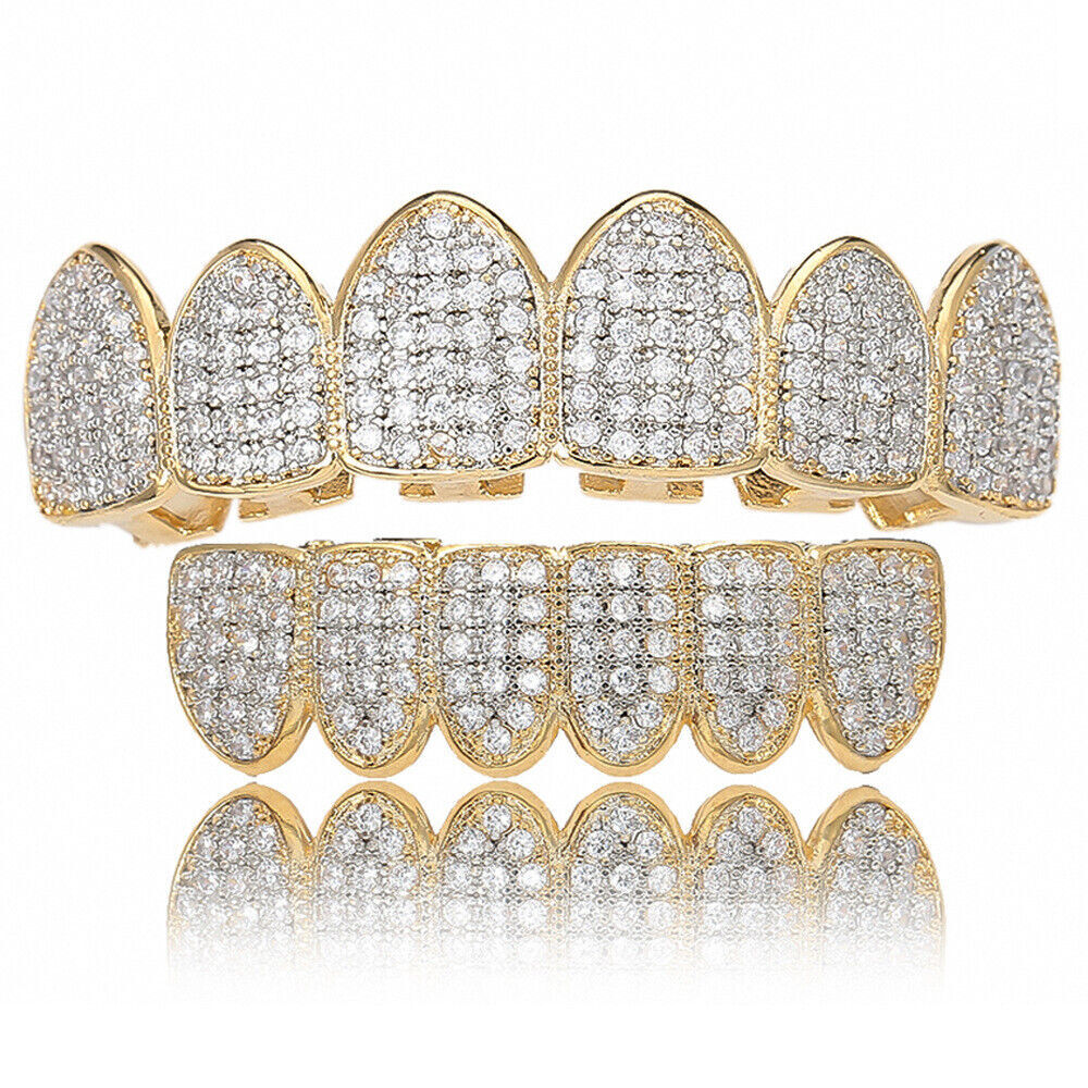 14K Gold Plated CZ Grillz Teeth Hip Hop Top Bottom Mouth Silver Grill Set Custom