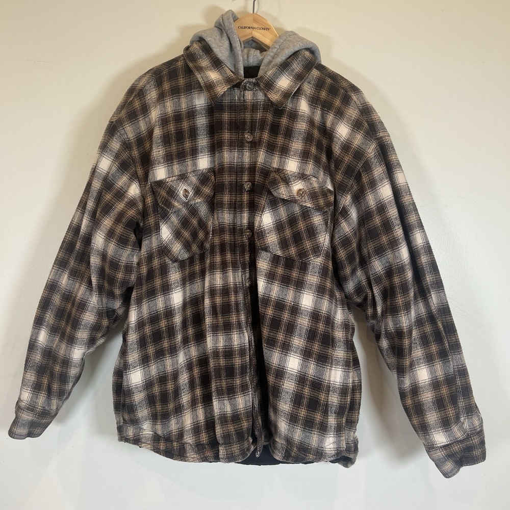 Field Stream Mens Brown Plaid Quilted Zip Hooded Flannel Jacket XL