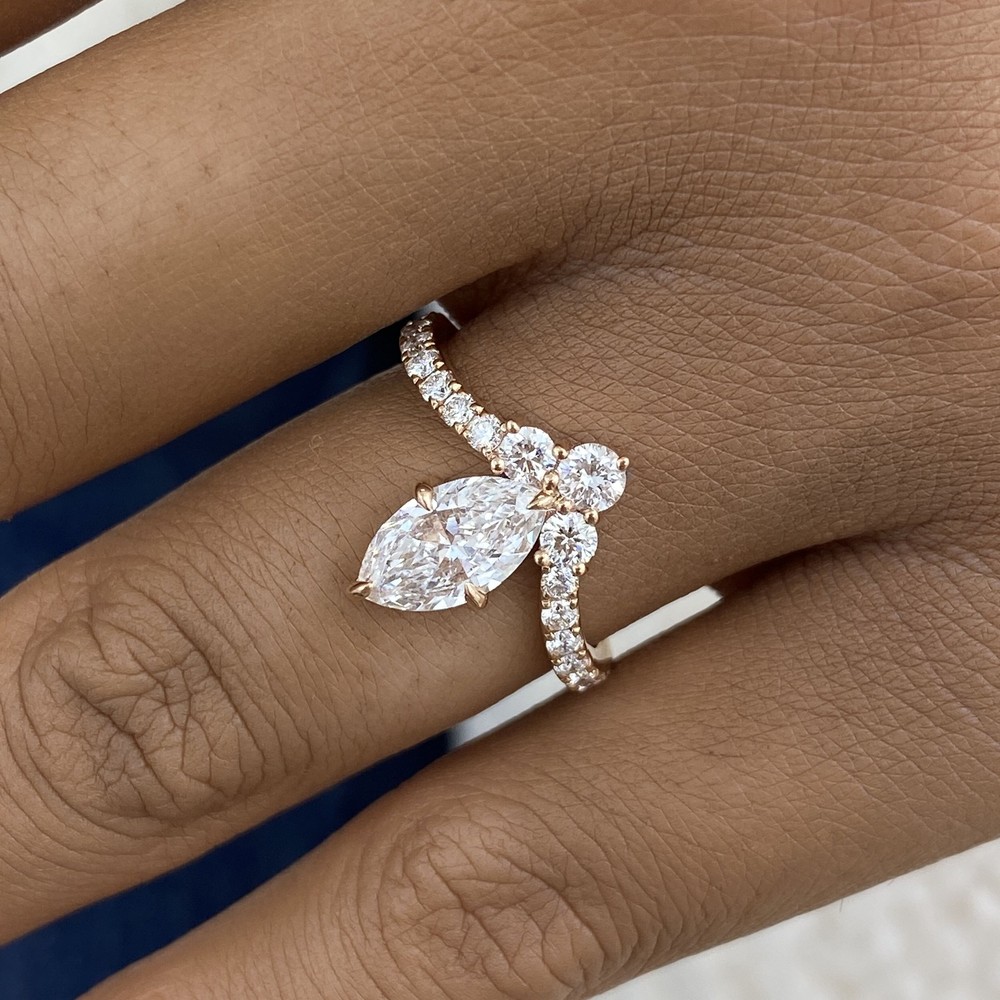 14K Rose Gold Cluster Ring 1.4ct Marquise & Round Labcreated Diamond F/VS