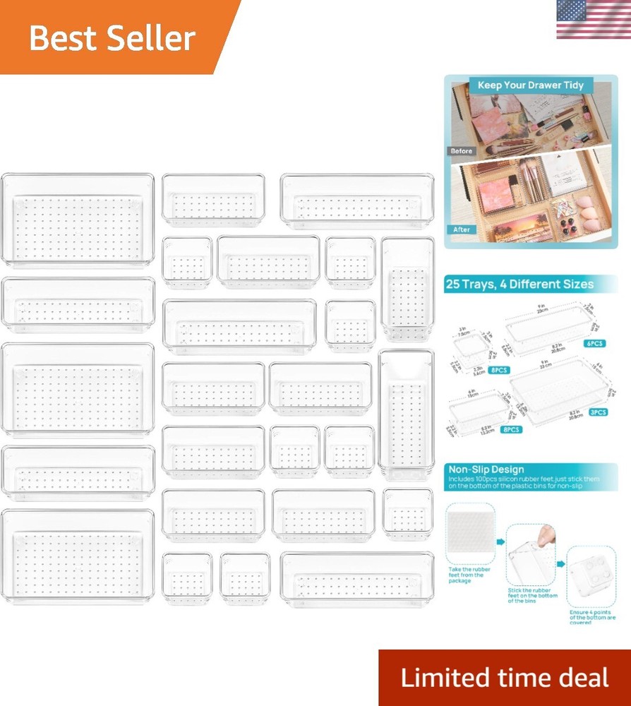 25-Piece Clear Storage Bin Set - Easy-Clean Drawer Organizers for Home & Office