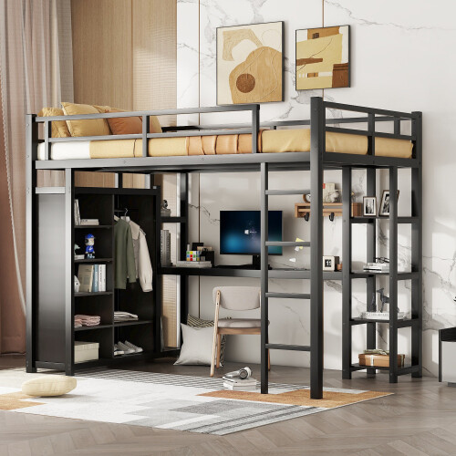 Full Size Loft Bed with Desk Bookcase Wardrobe and Storage Shelves-image