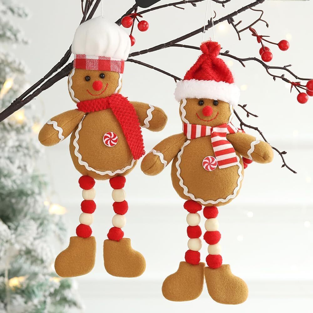2Pcs/Set Christmas Hanging Gingerbread Man Ornaments Plush Stuffed Figures Decor