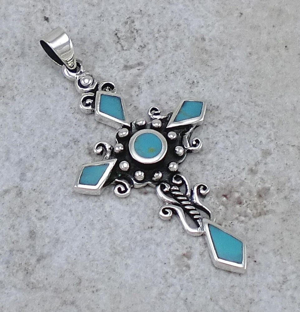 CUTE 925 STERLING SILVER TURQUOISE CROSS PENDANT style# p0901