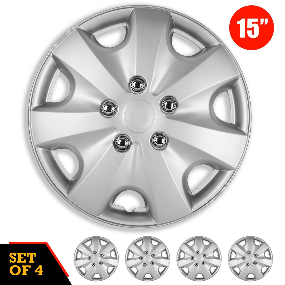 4PCS 15-Inch Universal Snap-On Hubcaps for Car & Truck Wheels in Steel Silver
