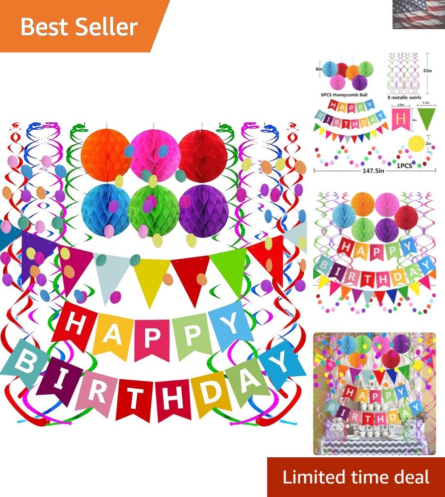 Eco-Friendly Happy Birthday Banner with Colorful Bunting Swirls and Honeycomb Balls