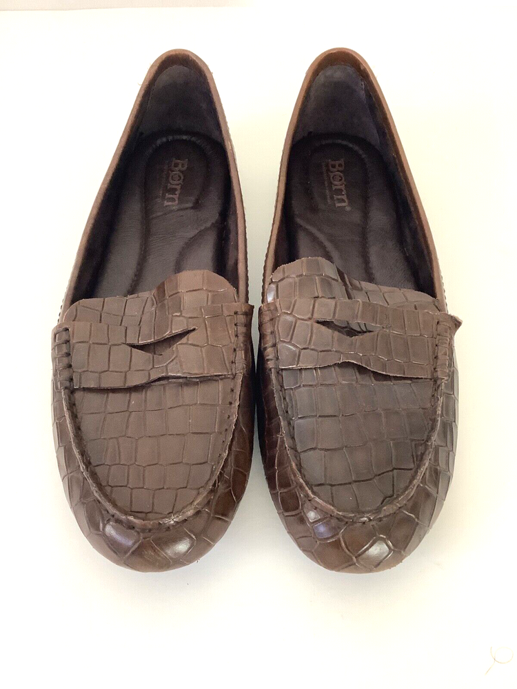 Born Leather Driving Shoes Crocodile Print Brown Loafers Women Size 6.5M Preowne