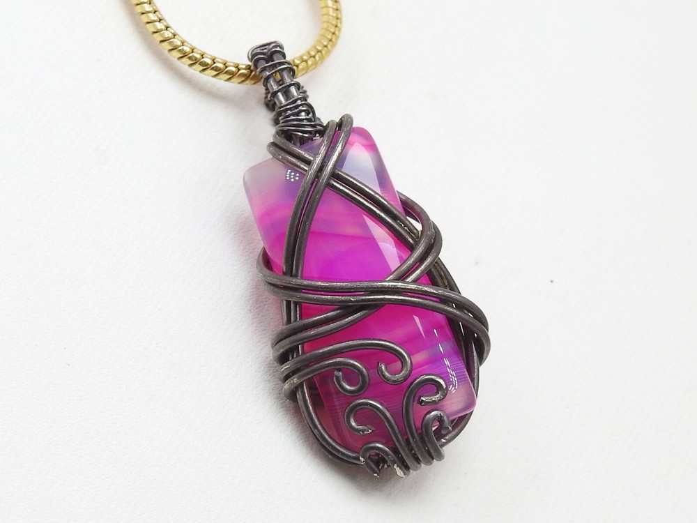 Pink Strip Agate Brass Pendant Silver Oxidised Polished Wire Wrapped Jewelry