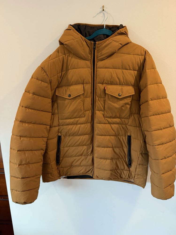 Levis Jacket Mens 2XL Brown Hooded Puffer Quilted Warm Full Zip Winter Coat