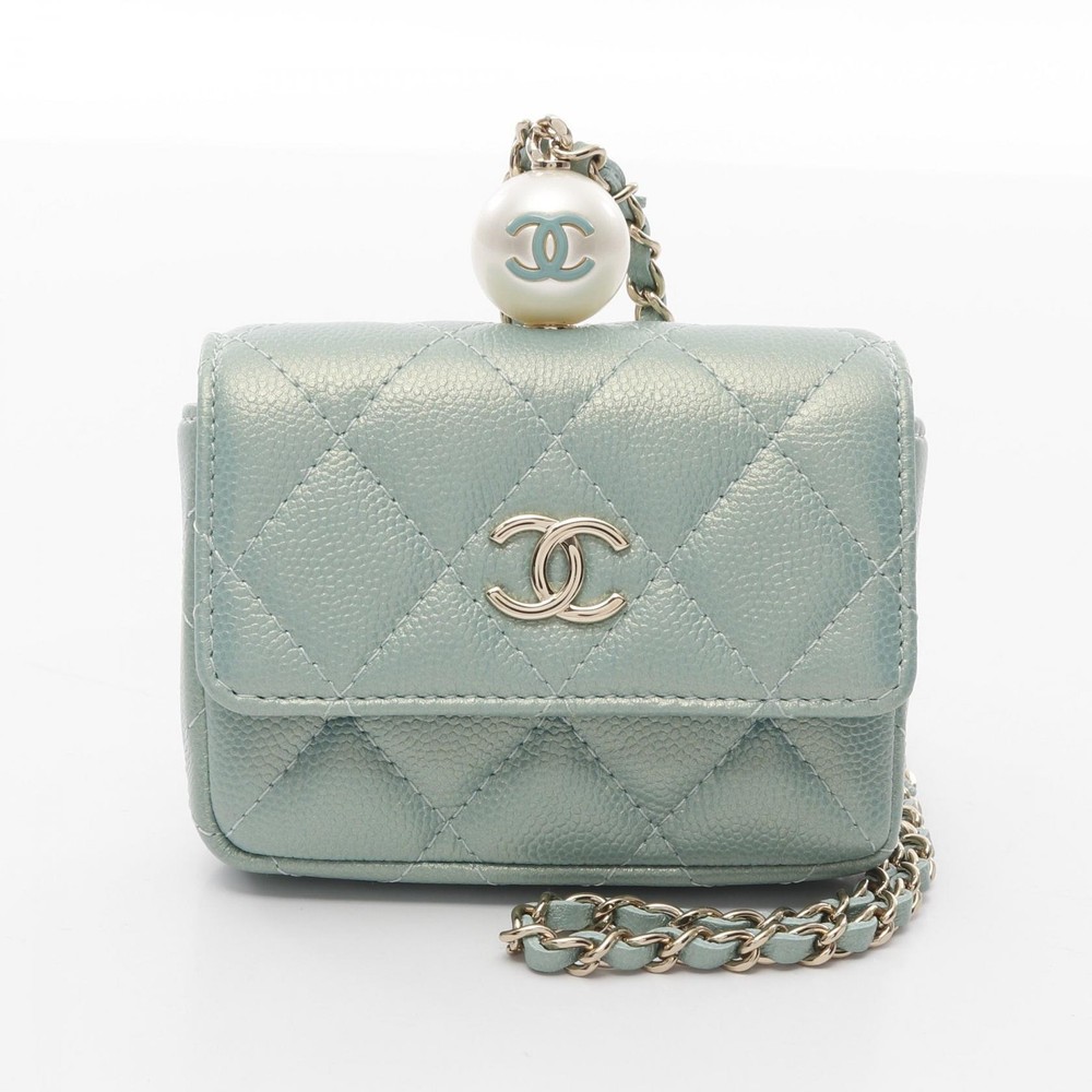 Chanel Green Calfskin Matelassé Chain Flap Coin Purse GHW