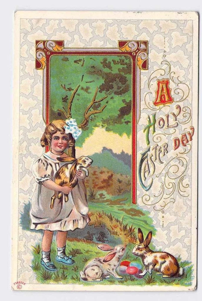 Holiday Postcard Easter Bunny Rabbit Girl With Bow Eggs A Holy Easter Day Emboss