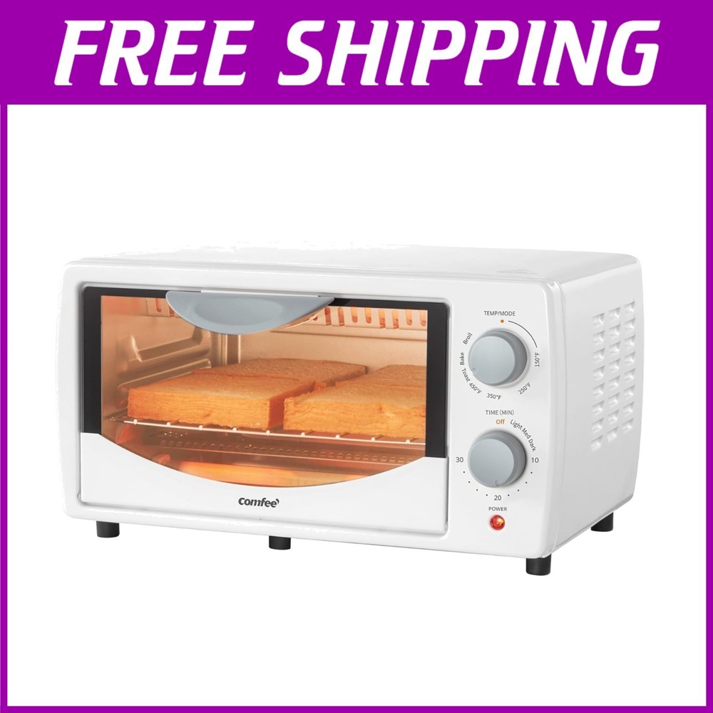 3-in-1 White Toaster Oven – Bake Broil Toast 4 Slices Compact Design