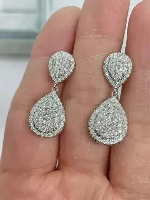 2 Ct Round Moissanite Teardrop Earrings in 14k White Gold