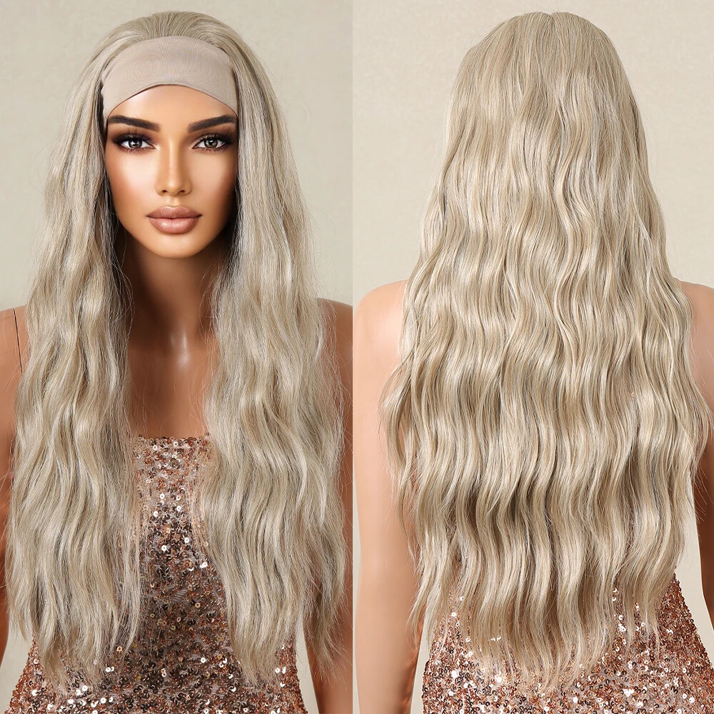 Long Synthetic Blonde Wavy Cosplay Wig Heat Resistant Natural Hair Headband Style