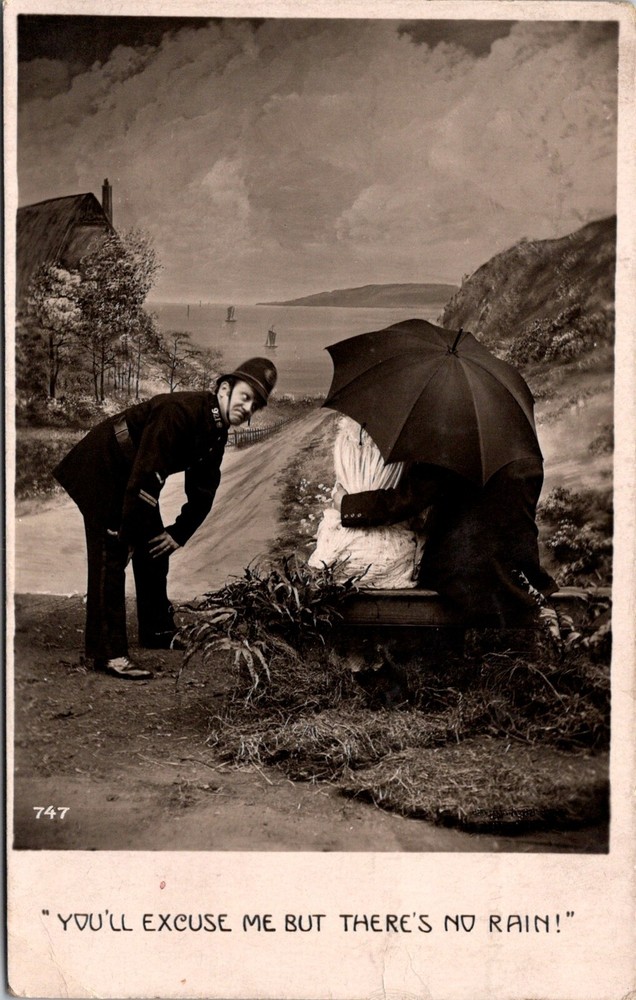 Romantic Couple Under Umbrella Policeman Says Its Not Raining Vintage RPPC Postcard 16301