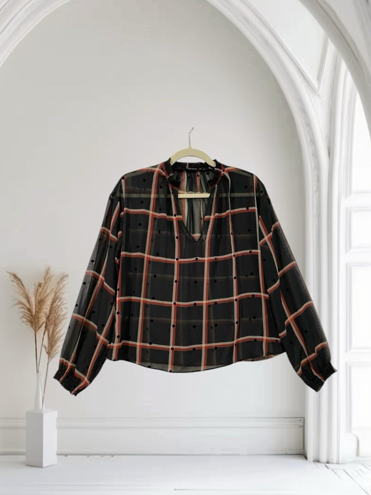 Zara Womens Sheer Plaid V Neck Long Sleeve Top Size Small Smocked Ruffle
