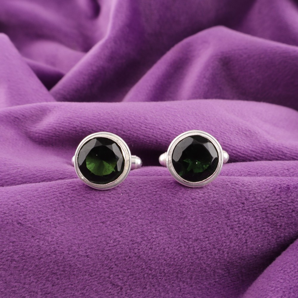 925 Silver Green Tourmaline Stone Valentines Anniversary Statement Cufflinks