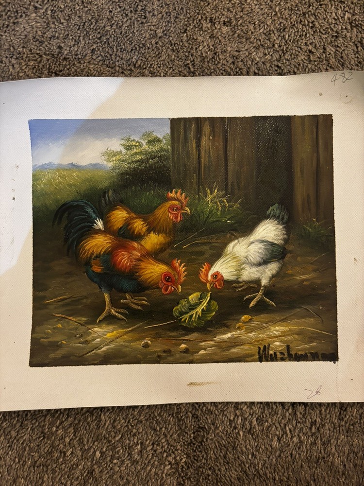 Chickens Bird Real Oil Painting On Canvas Background 9”x11”