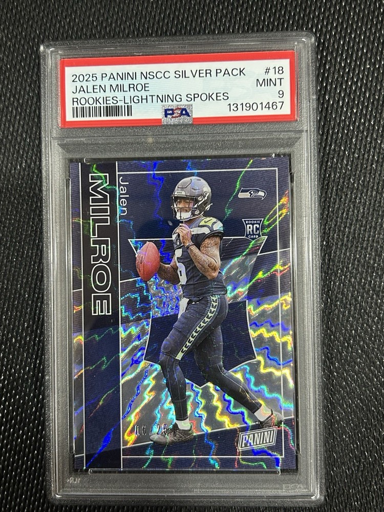 2025 Panini NSCC JALEN MILROE LIGHTNING /25 RC Jersey Match Seahawks PSA MINT 9