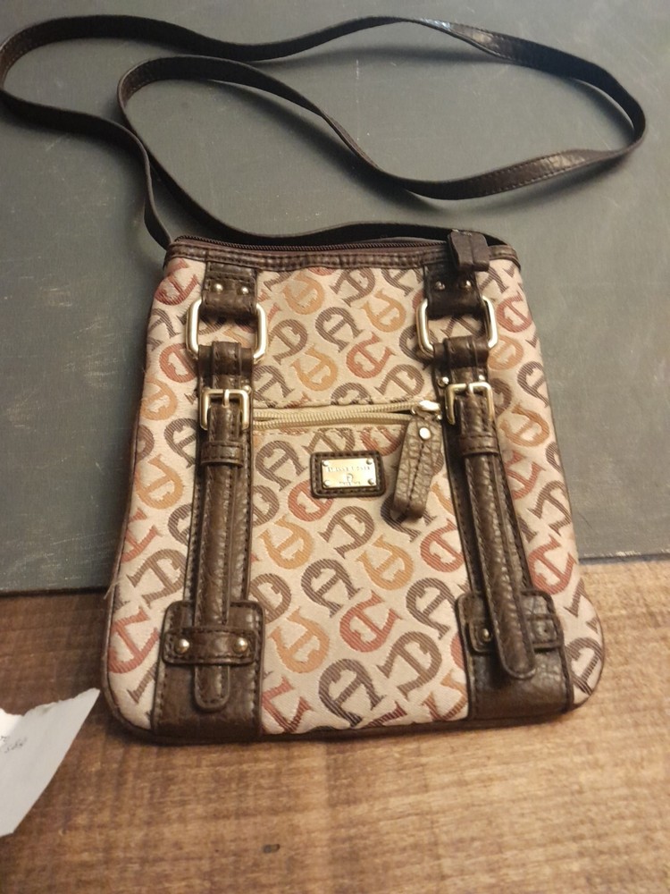 Vintage Etienne Aigner Slim Crossbody Bag in Brown and Tan with Gold Hardware