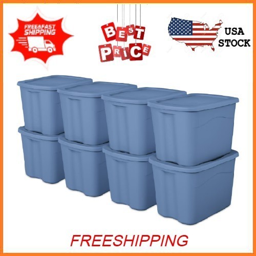 NEW Sterilite 18 Gallon Plastic Storage Bin with Snap-on Lid, Light Blue, 8 Pack