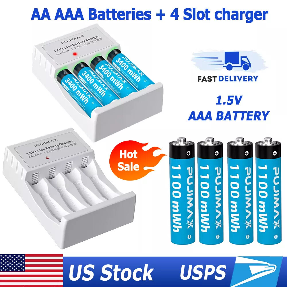 Rechargeable 1.5V AA AAA Li-ion Batteries with Fast Lithium Battery Charger LOT