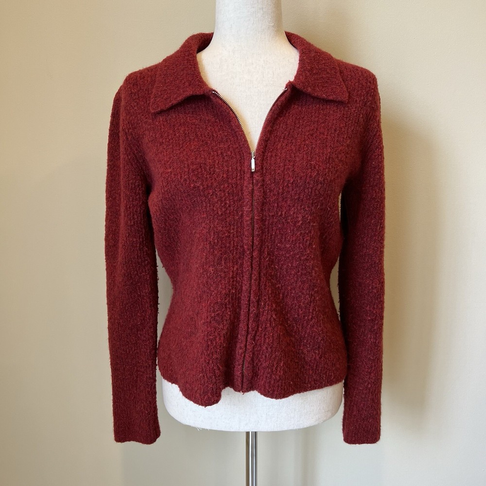 VTG Harolds Womens Zip Front Cardigan Sweater Sz M Burgundy Y2K 80% Merino Wool