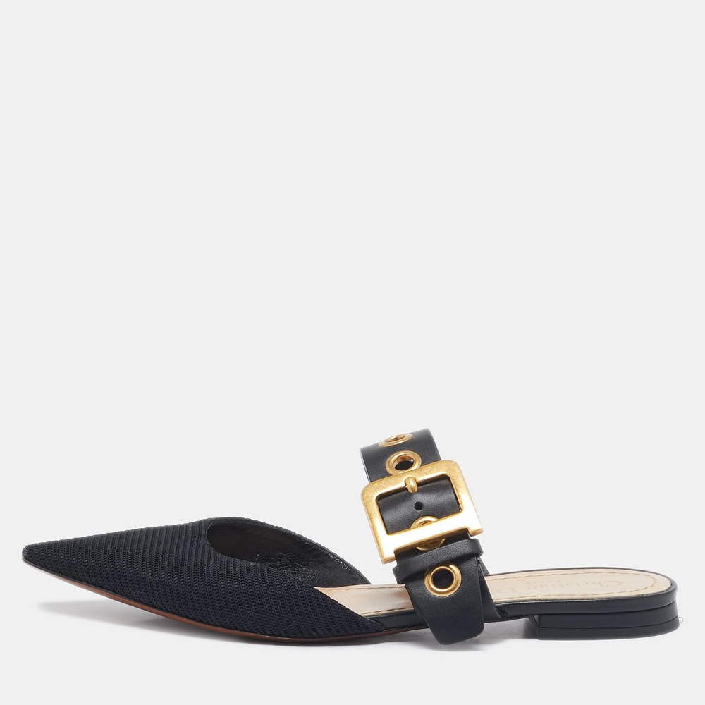 Dior Black Technical Fabric Leather D-Dior Flat Mules Size 37.5