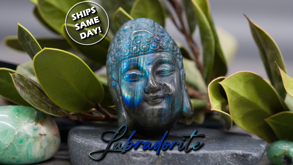 Flashy Blue Labradorite Buddha Head Figurine Cabochon Carving Healing Gemstone