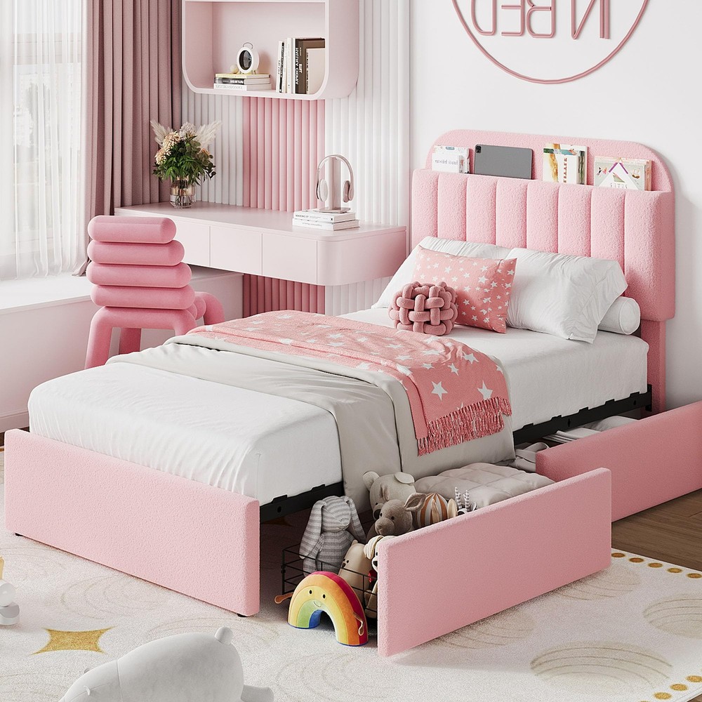 Modern Twin Size Bed Frame with Bookshelf Headboard & 2 Storage Drawers for Kids