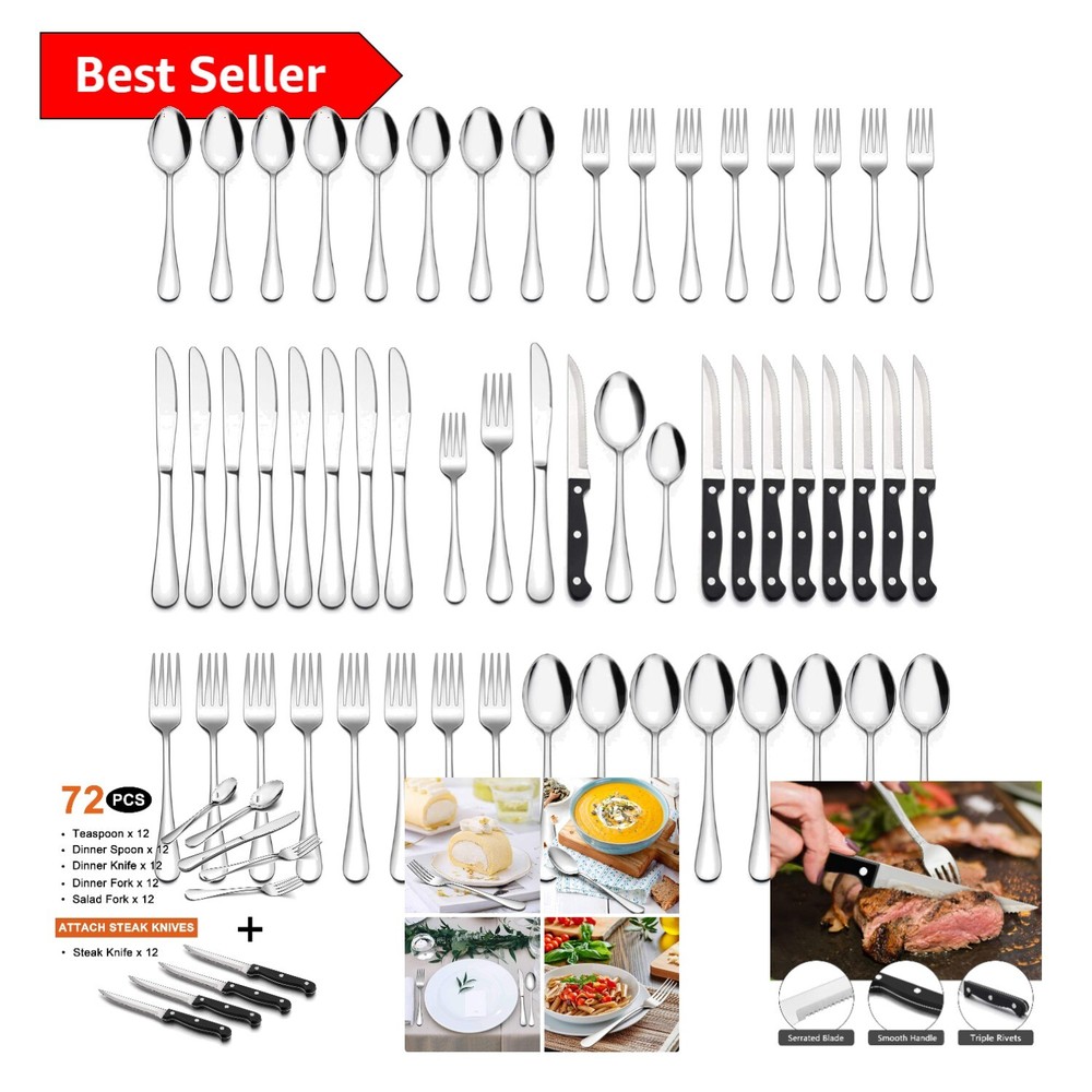 Complete 72-Piece Silverware Set with Ergonomic Steak Knives - Ideal for Gifting