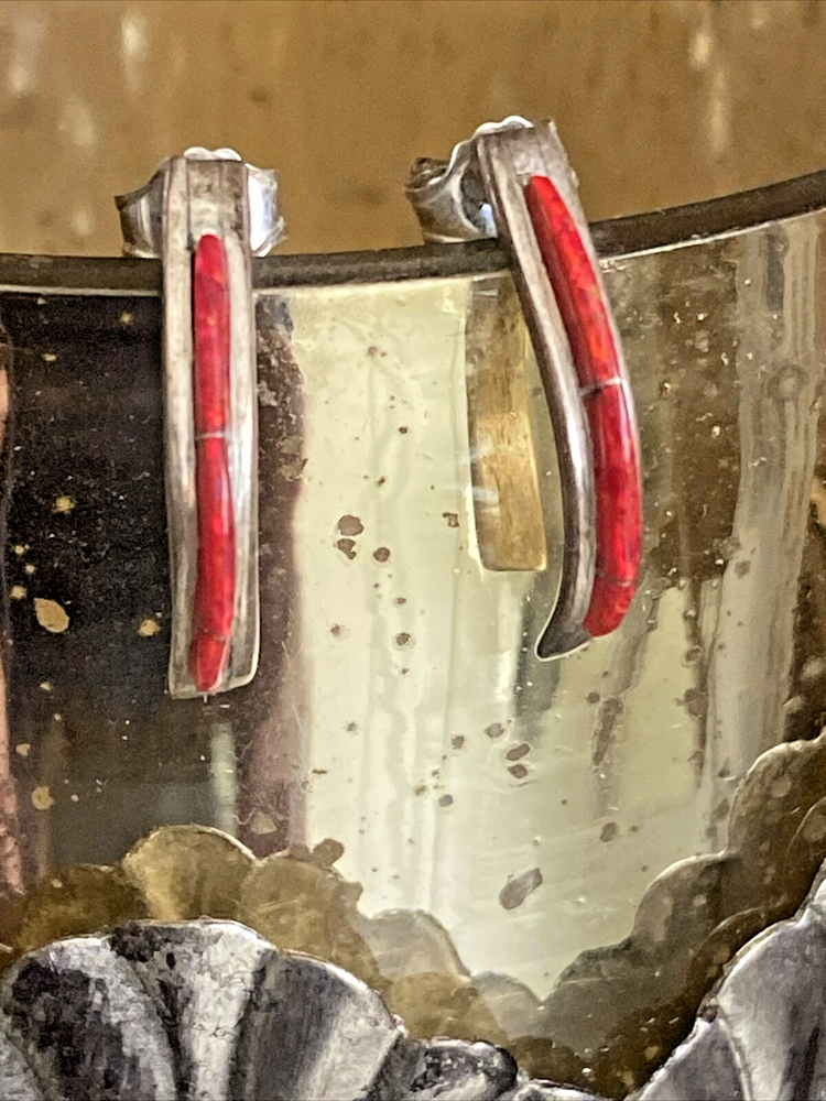 FLASH SALE! Old Zuni Red Fire Opal Sterling Silver Needlepoint Inlay Earrings-image