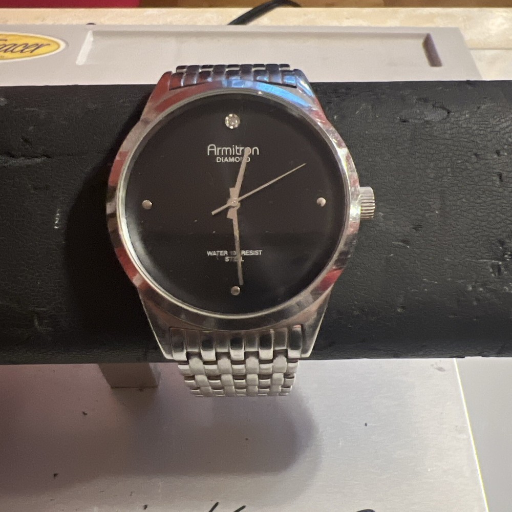 Armitron Diamond Watch Men Silver Tone Black Dial Stainless Needs Battery