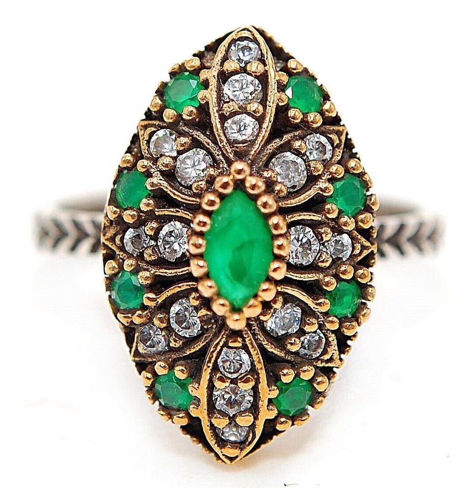 1CT Treated Emerald Ottoman Style 925 Sterling Silver Ring Size 7  