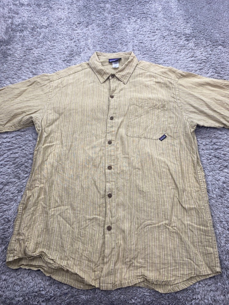 Patagonia Shirt Mens Large Yellow Fair Isle Striped HEMP Short Sleeve Button Up