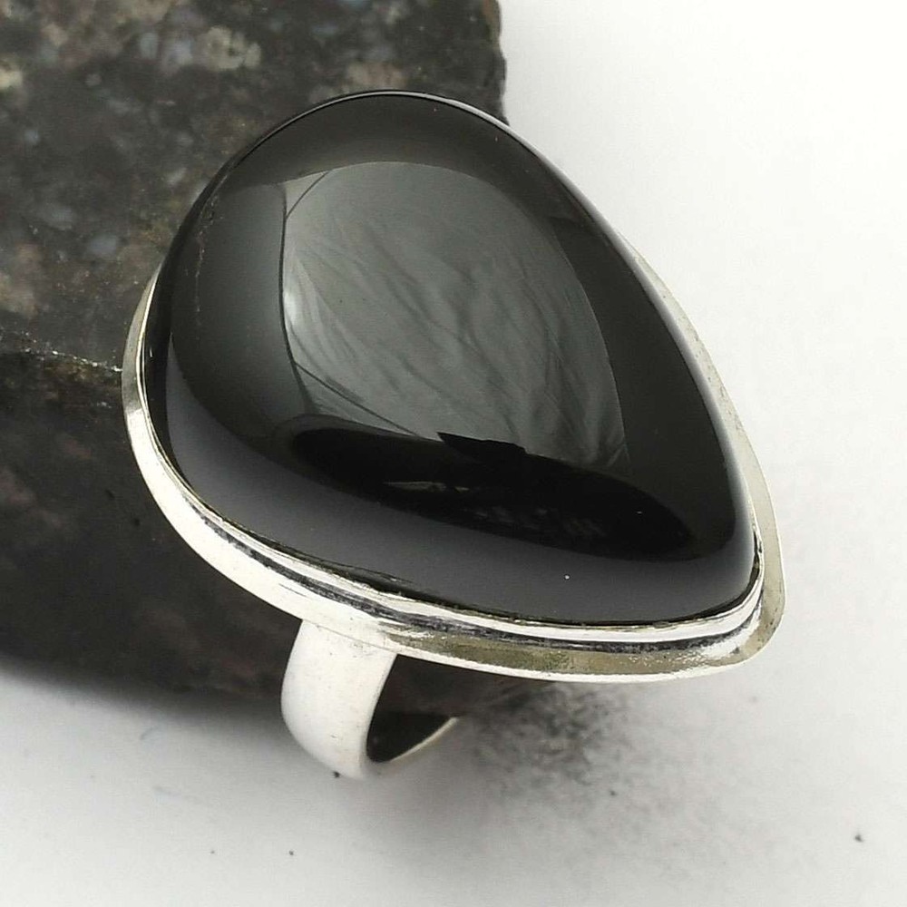 Black Onyx Gemstone Ethnic Handmade Ring Jewelry Gift For Her US Size-9 AR 41346