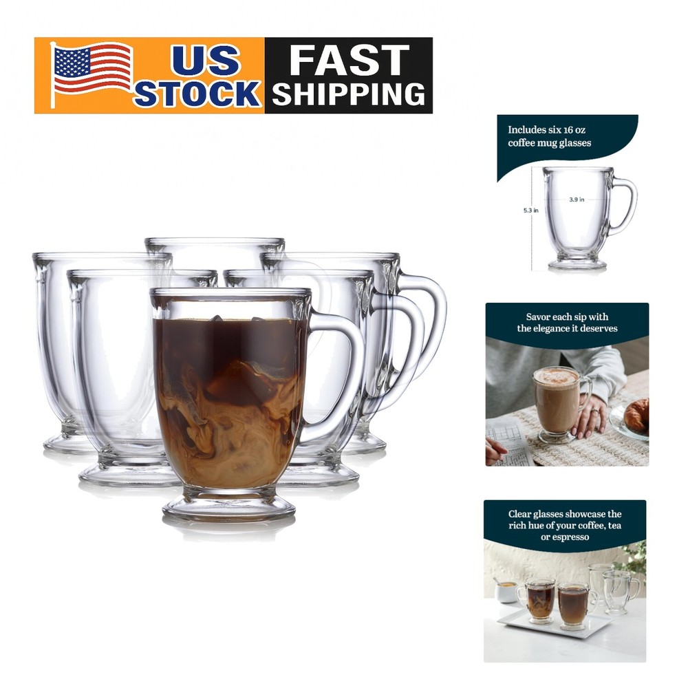16-ounce Clear Glass Coffee Mugs Set of 6 for Elegant Serving