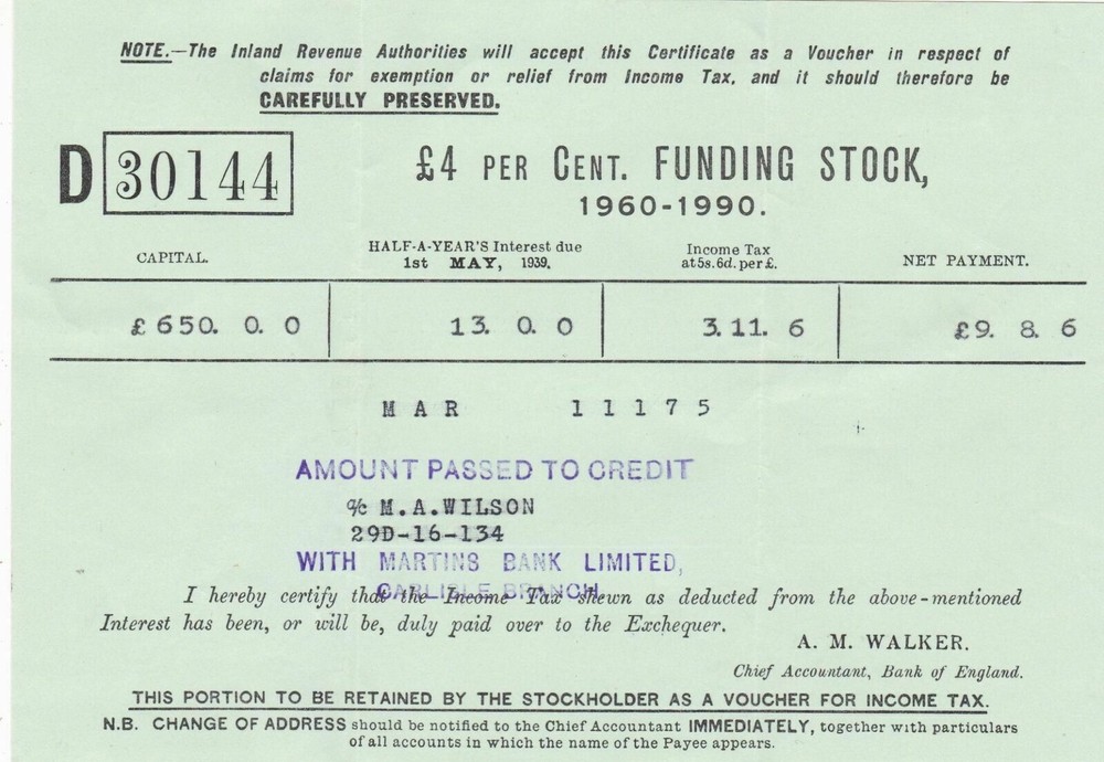 Bank of England Funding Stock Voucher Martins Bank Limited Cancel Receipt  39045-image