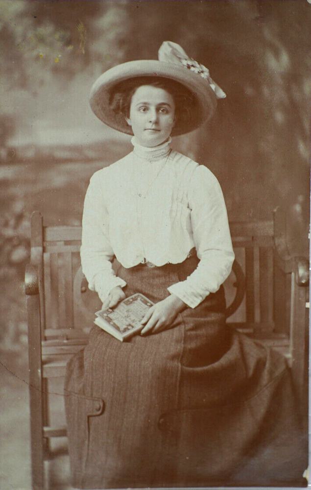 Postcard Woman Lady Portrait Hairstyle Chair Book Hat Edwardian Fashion RPPC