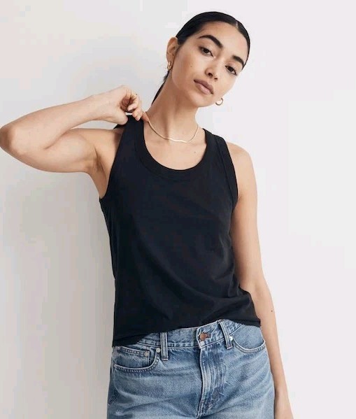 MADEWELL WOMEN'S TRUE BLACK WHISPER COTTON SCOOPNECK RIBBED TRIM TANK TOP Sz L