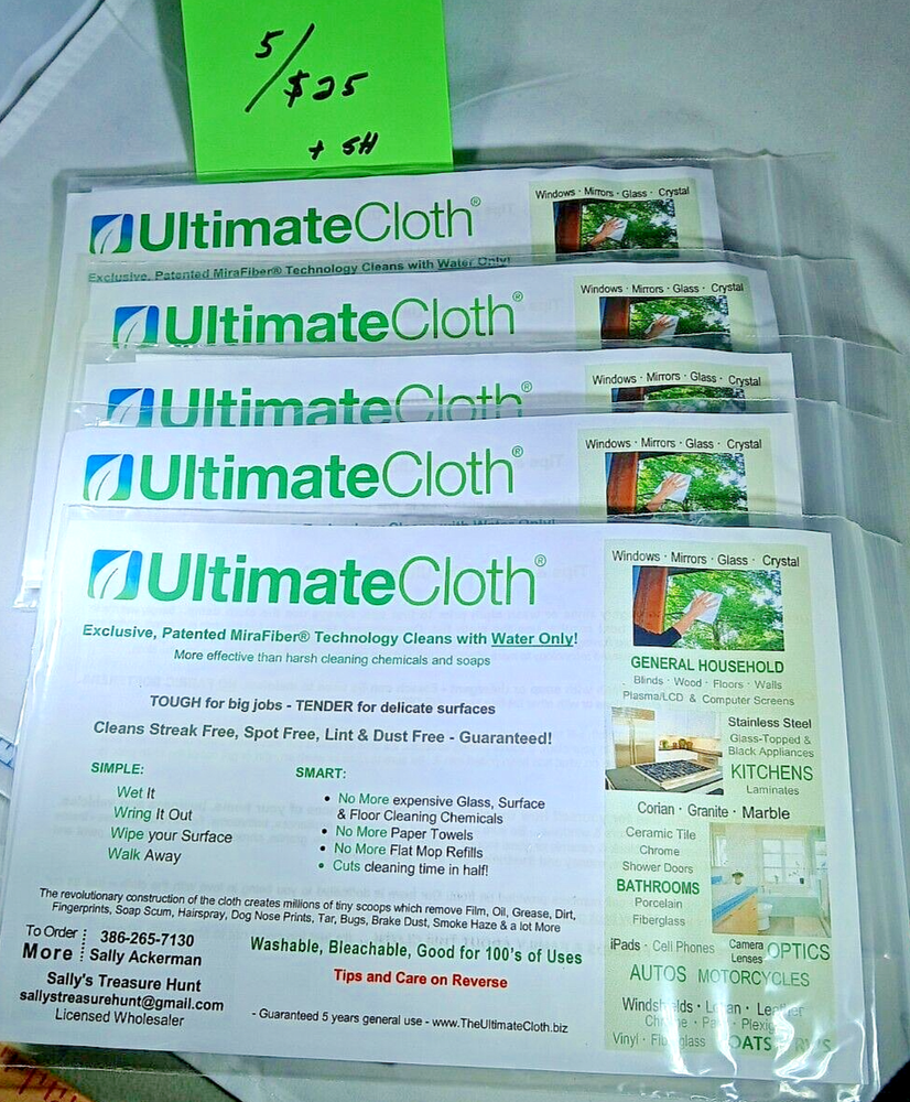 The Ultimate Cloth for Streak Free Cleaning, Use Water, Reusable, 5/$25,New