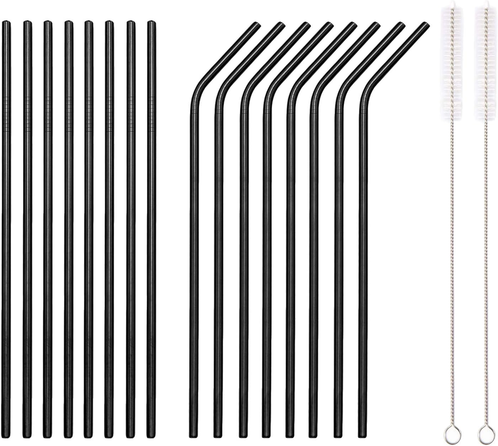 18 Piece Black Stainless Steel Straws, 8.5 '' Reusable Drinking Straws,With Port