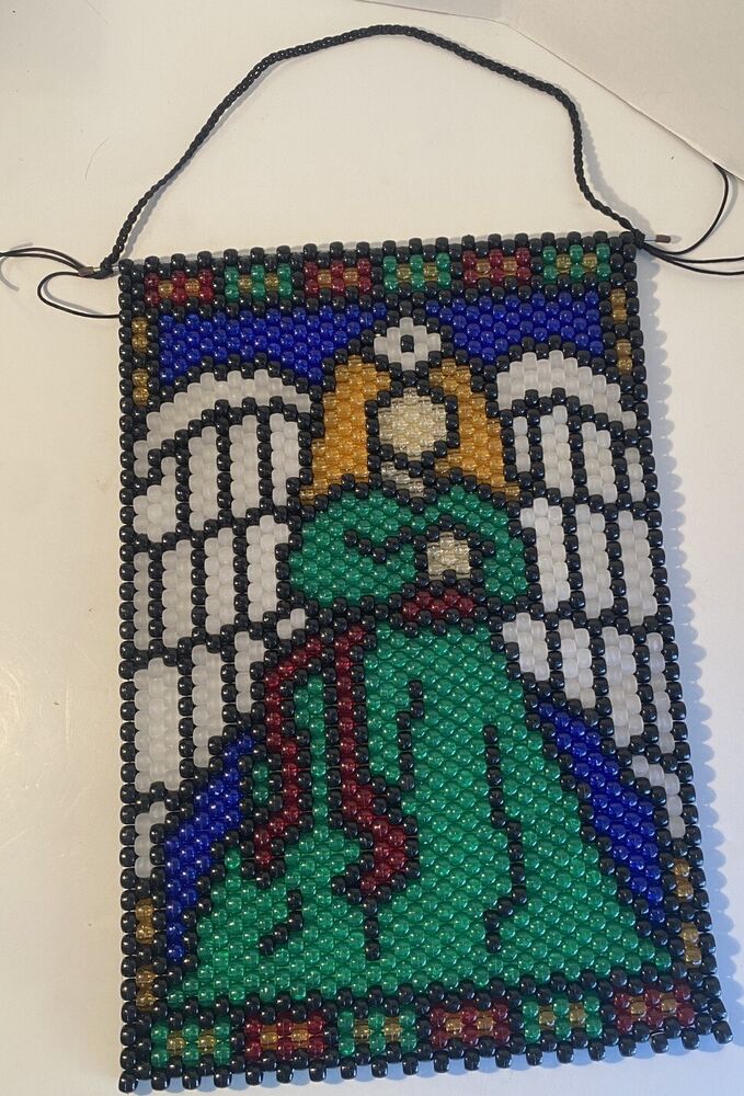 Handmade Beaded Banner Kit Completed. Christmas Angel Stain Glass Look ￼