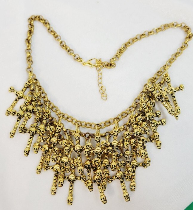 Cross with Skull Dangle Charm Chain Bib Necklace Halloween Jewelry GOLD tone