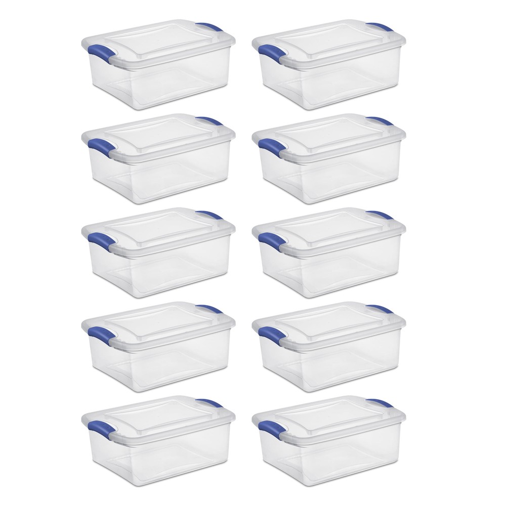 15 Quart Clear Plastic Storage Bin with Blue Lid, 10-Pack