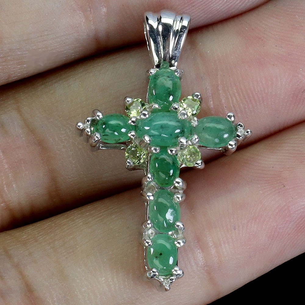 925 Sterling Silver Pendant Oval Emerald 5x3mm Peridot Cross Gemstone Jewelry